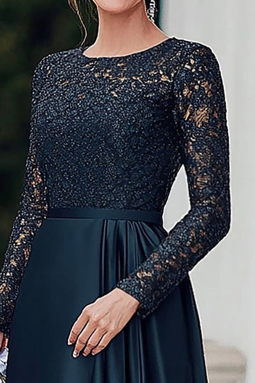 Navy Satin Lace Scoop Kjole til brudens mor med lange ermer
